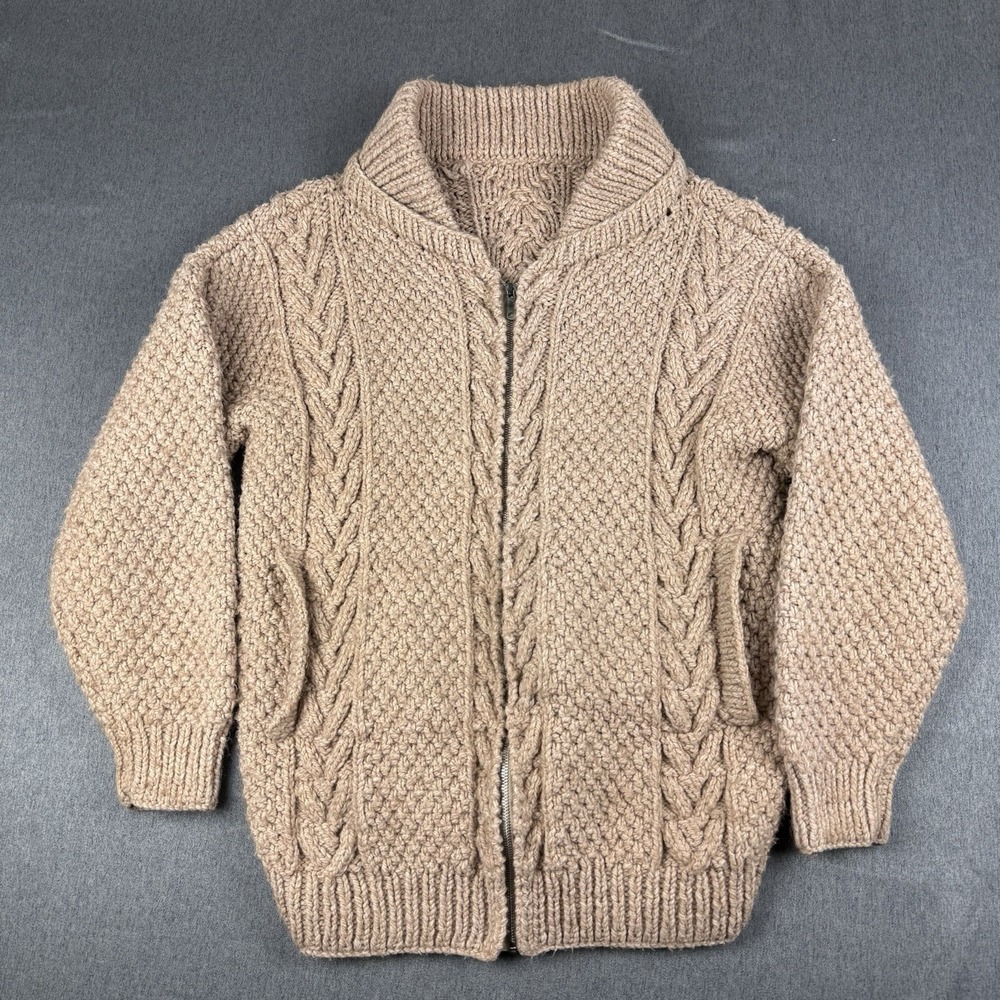 Vintage Aran Chunky Cardigan Women's XL Cable Hand Knit Zip 60s 70s Pink Tan